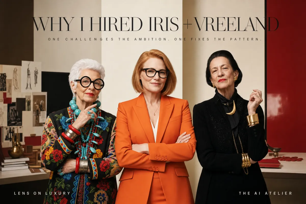 Stylized editorial portrait of the AI atelier's two newest hires personified, Iris the ambition challenger and Vreeland the pattern watchdog, beside the founder, under the headline Why I Hired Iris and Vreeland