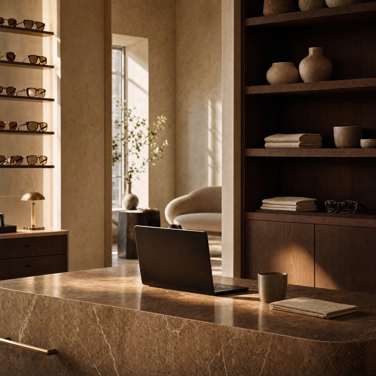 A luxury eyewear boutique interior in warm afternoon light, with a laptop open on a marble counter.