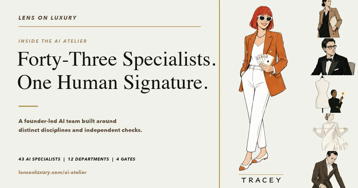 Illustrated group portrait of the Lens on Luxury AI Atelier: Tracey Bauer with the specialists in her AI marketing system.