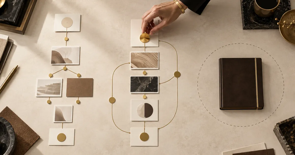 An elegant cream and gold system blueprint with connected cards, a human hand placing the final node, and a closed notebook representing a deliberate pause.