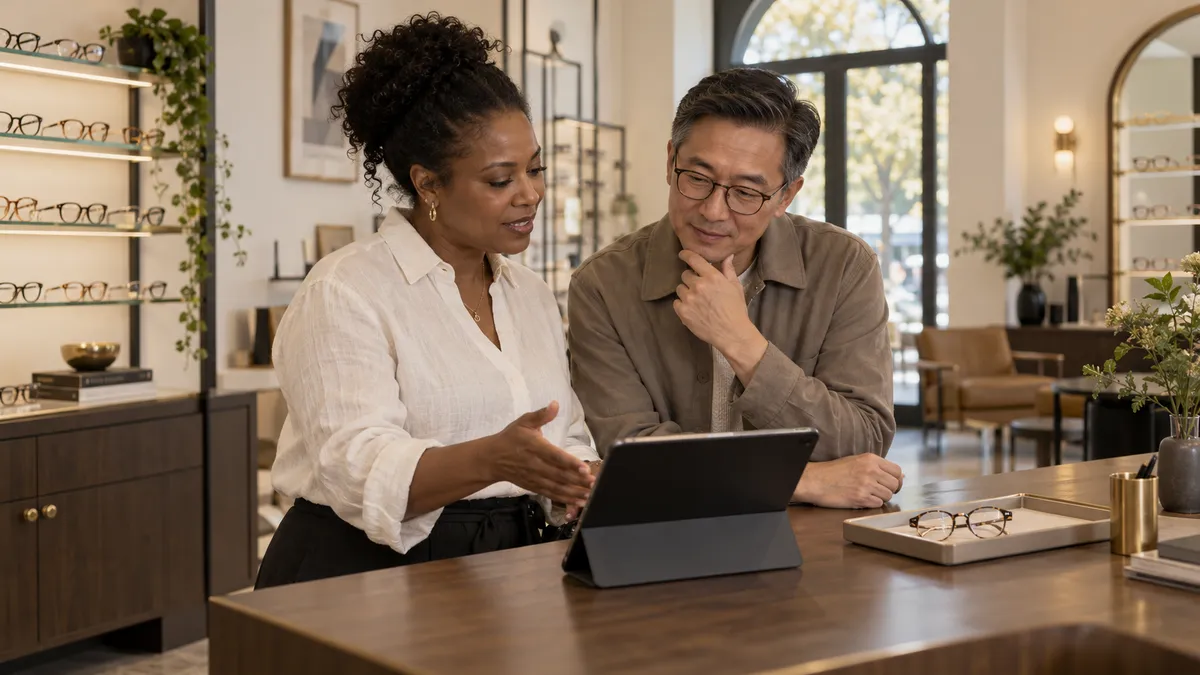 AI-generated illustration of an optical boutique owner and customer reviewing information together on a tablet.