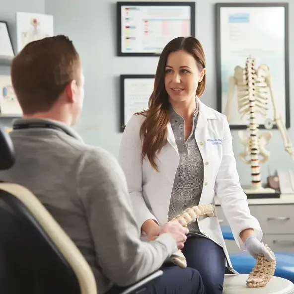 A black-and-white illustration showing the benefits of chiropractic care at Back in Action Chiropractic in Las Vegas, NV. In the foreground, a chiropractor is treating a patient, providing pain relief. Surrounding the treatment scene are symbolic representations of improved posture, including a glowing spine and symbols of enhanced well-being, with a clear call to action, 'Learn More About Chiropractic Care Today.' The angle and wide-angle lens create a dynamic view, emphasizing the connection between patient and chiropractor.