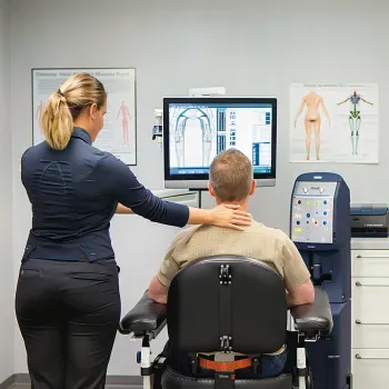 An icon with a modern building and circuit pattern, symbolizing advanced technology at the state-of-the-art facility at Back in Action Chiropractic.