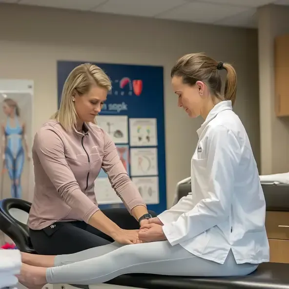 Image representing injury rehabilitation services at Back in Action Chiropractic in Las Vegas, NV. The picture shows a chiropractor assisting a patient with rehabilitation exercises, symbolizing the recovery process. Contact us at (702) 970-HEAL (4325).