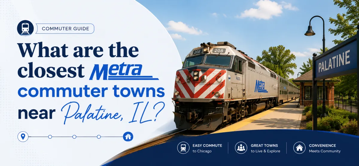 Aerial view of suburban Metra station at sunset with trains and downtown