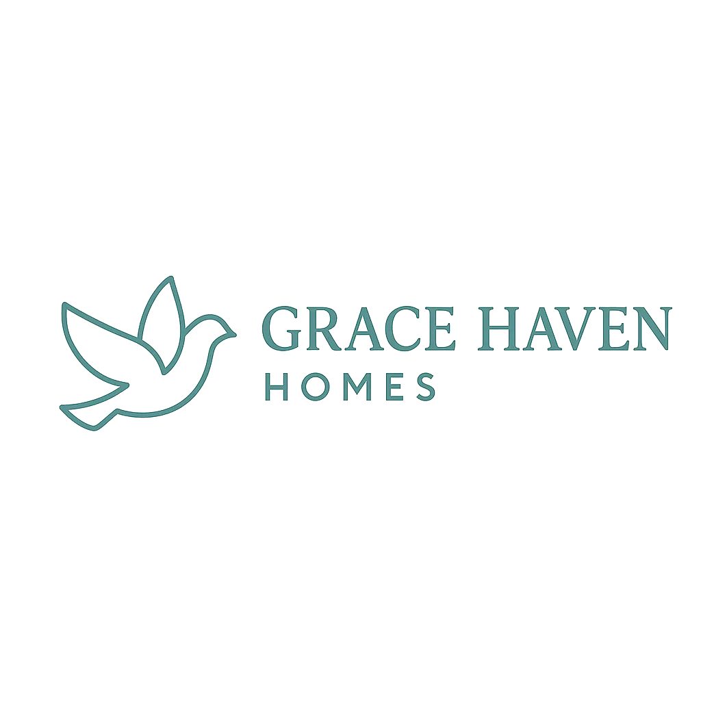 Grace Haven Homes logo featuring a teal dove outline representing peace, compassion, and safe housing.