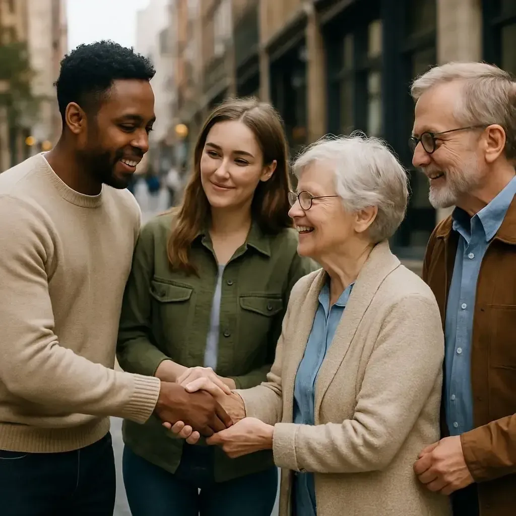 Grace Haven residents greeting one another with kindness and respect in a supportive community environment.