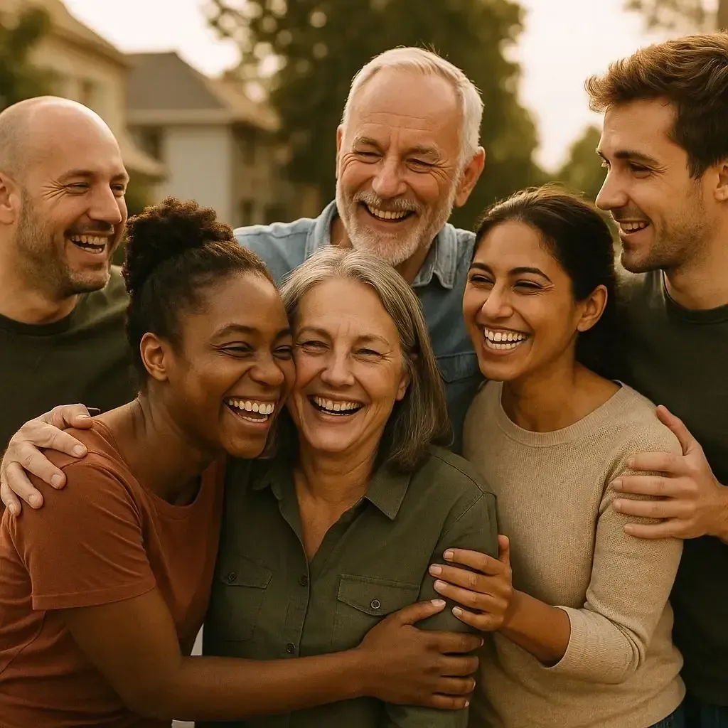 A supportive group of Grace Haven residents sharing laughter and friendship within the community.