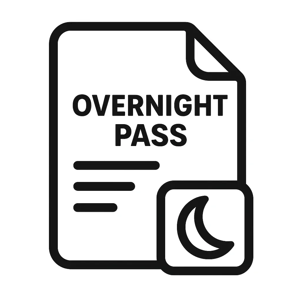 Overnight pass icon featuring a document with a crescent moon symbol