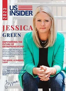Magazine cover featuring Jessica Green on 'US Insider' 2023 edition. Jessica, a successful entrepreneur, is highlighted for her role in empowering the future of entrepreneurship and promoting her book, 'Super Powers to Super Profits.' She is seated outdoors, wearing a teal blazer, with a confident expression.
