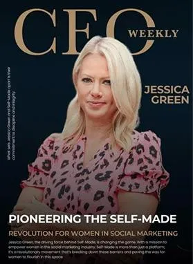 Magazine cover of 'CFO Weekly' featuring Jessica Green, highlighting her leadership in social marketing and entrepreneurship. The cover emphasizes her role in pioneering 'Self-Made' and revolutionizing opportunities for women in the industry.