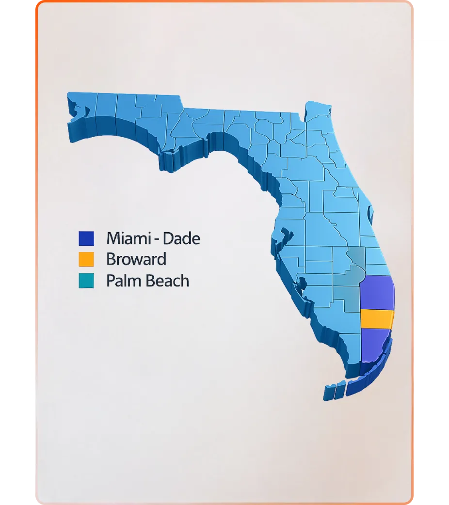 TriCounty Map showing Miami-Dade, Broward and Palm beach countie