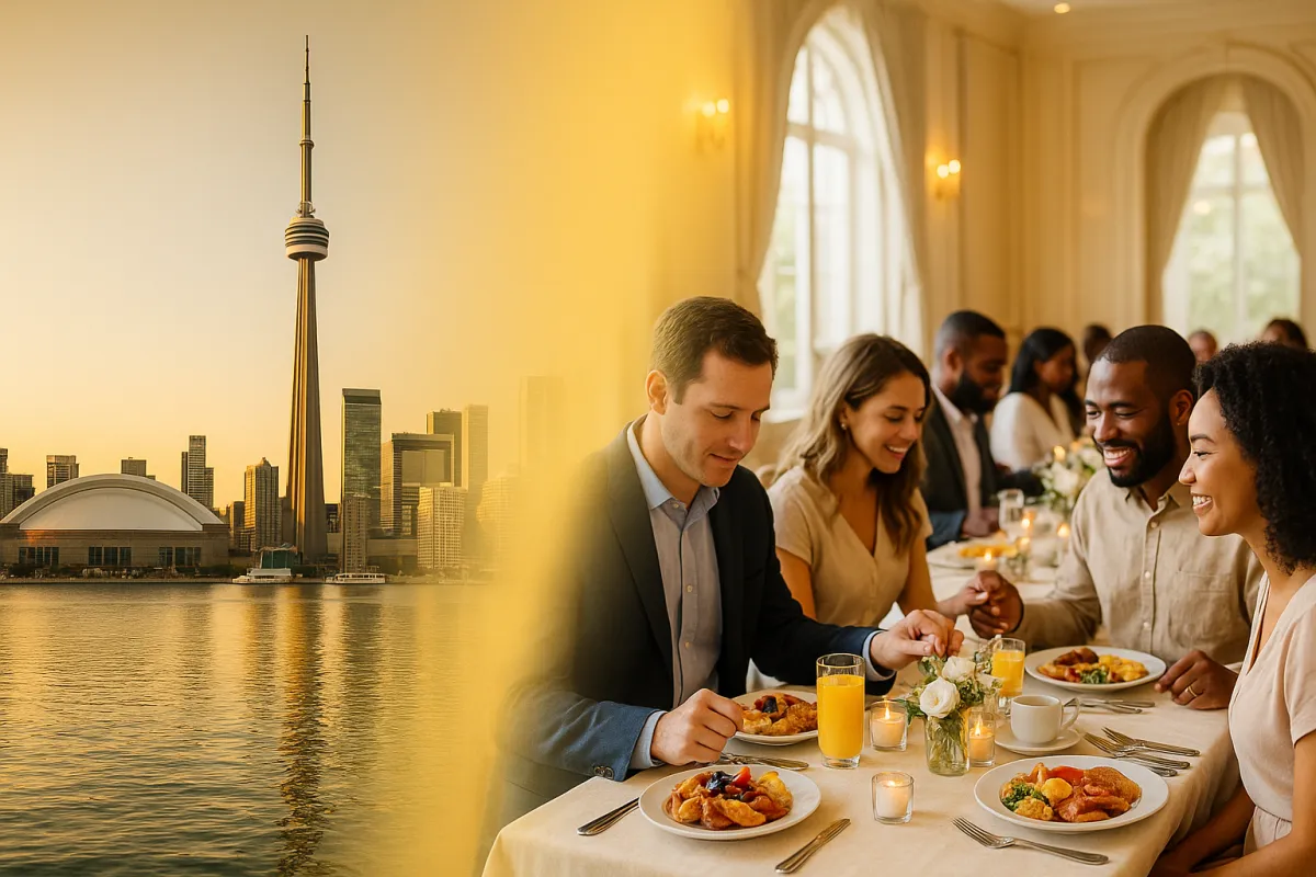 Farmhouse brunch table for two with fresh fruit and floral centerpiece in warm morning light
