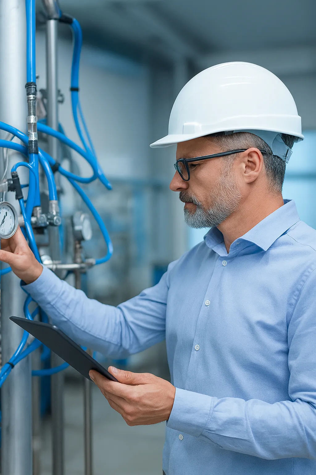 ingeniero revisando sistema neumático industrial en querétaro