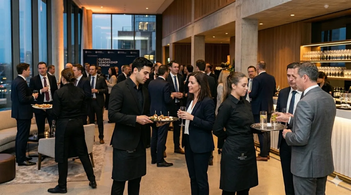 Diverse professional event staff in black uniforms confidently serving trays of hors d'oeuvres and drinks to attendees at an upscale corporate networking reception in a modern, elegant venue with large windows and warm lighting.
