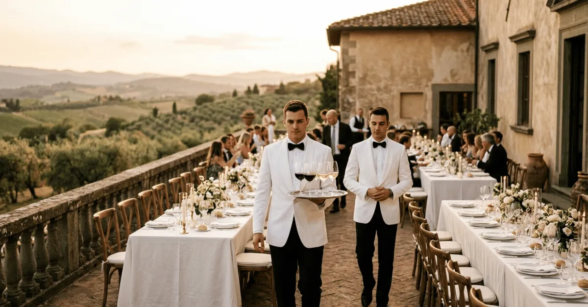 Elegant outdoor event terrace at a historic Italian villa with rolling Tuscan hills in the background, golden late afternoon light