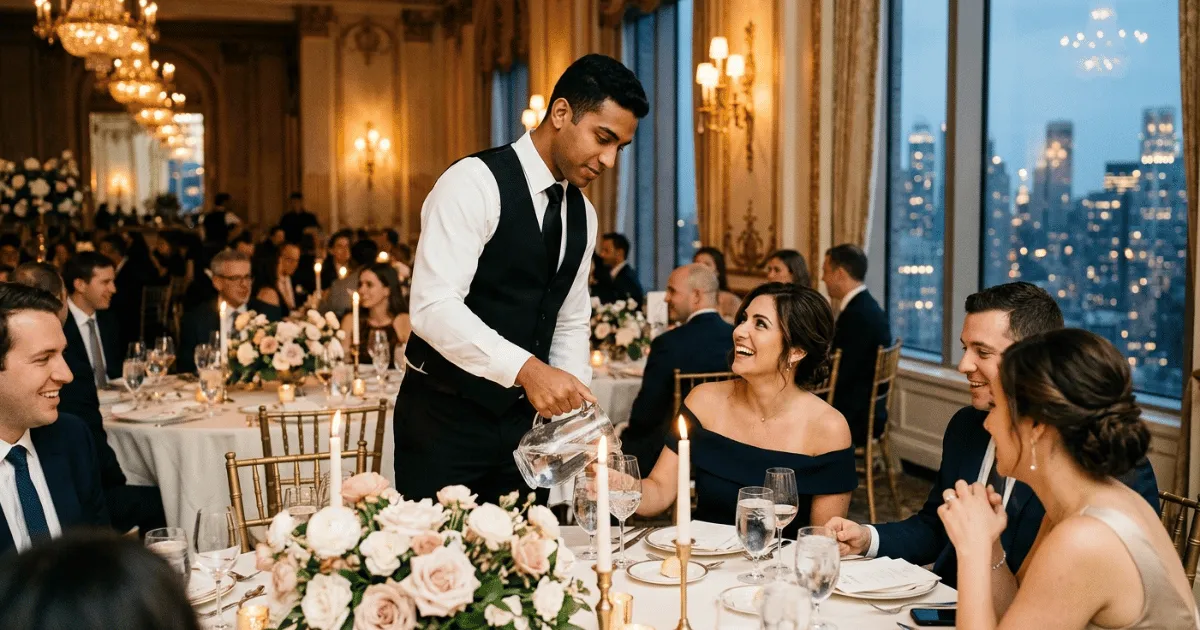 A polished, upscale wedding reception dinner in full swing at an elegant New York City ballroom.