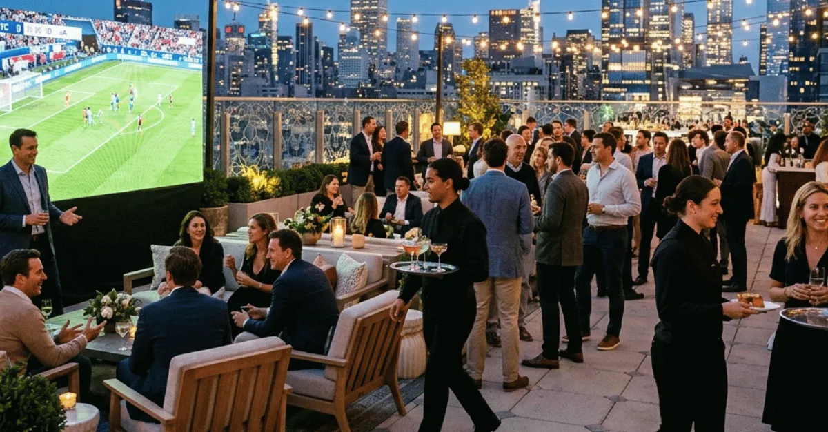 Professional servers passing drinks at an elegant corporate World Cup watch party on a NYC rooftop at dusk