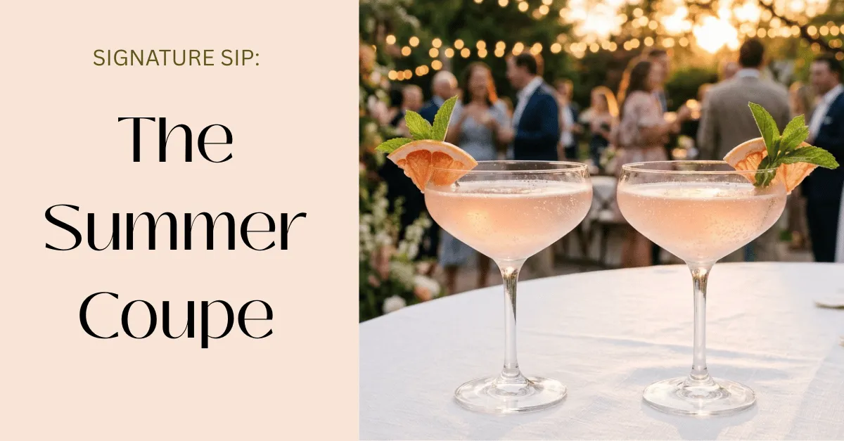 wo Summer Coupe cocktails side by side on a marble rooftop surface at dusk — blush pink on the left, electric blue World Cup variation on the right, NYC skyline glowing in the background