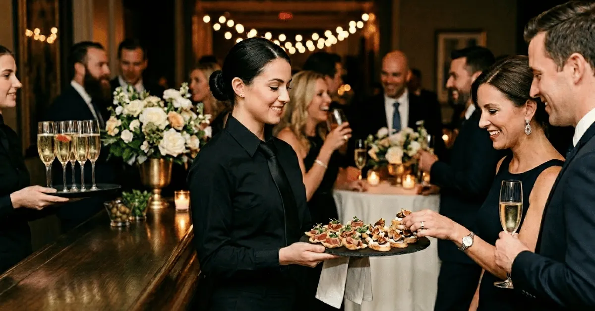 A professional server in black formal attire offering a tray of elegant hors d'oeuvres to guests at a wedding cocktail hour, champagne flutes and candlelight in the background