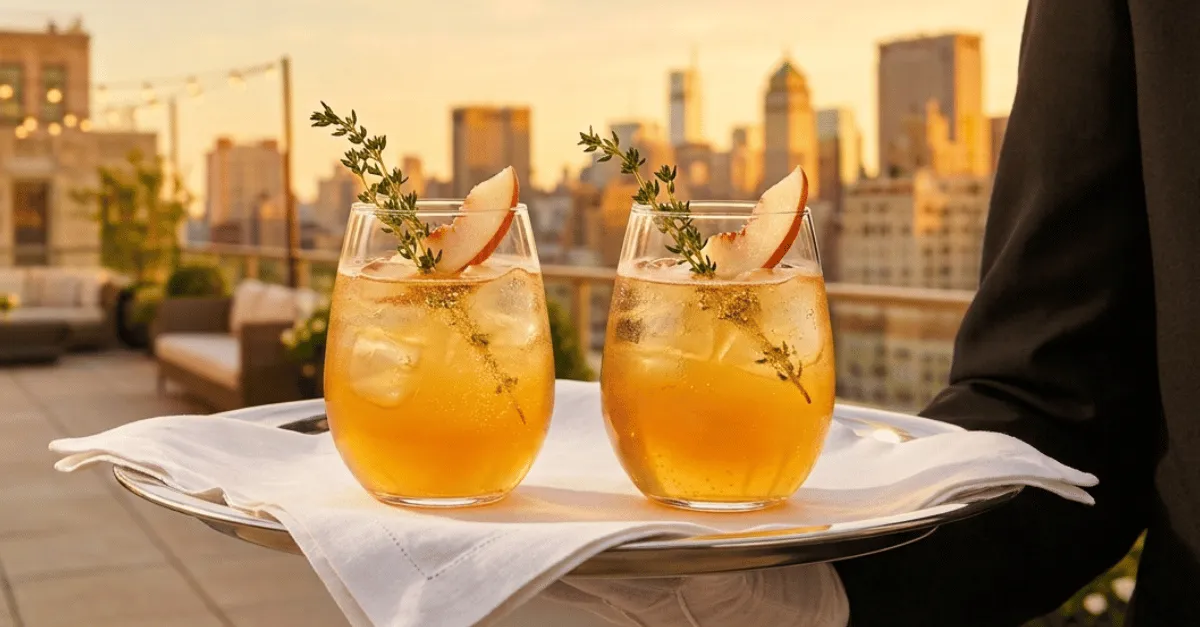 Server in white gloves and black uniform presenting two Golden Hour peach cocktails on a silver tray, upscale NYC rooftop terrace with string lights and skyline glowing in golden hour light