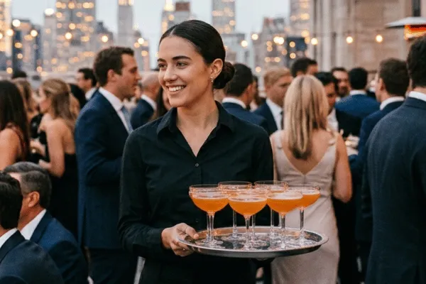 An FS Event Staffing server carrying a tray of Paper Plane cocktails at a rooftop cocktail hour with the Manhattan skyline behind