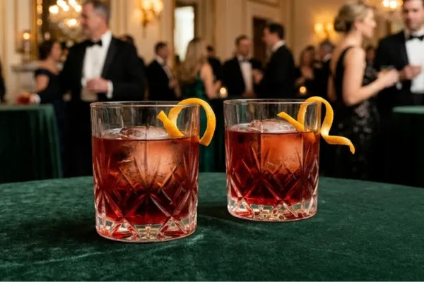 Two Boulevardier cocktails with orange twists on a green velvet cocktail table as guests in black tie mingle at a ballroom gala