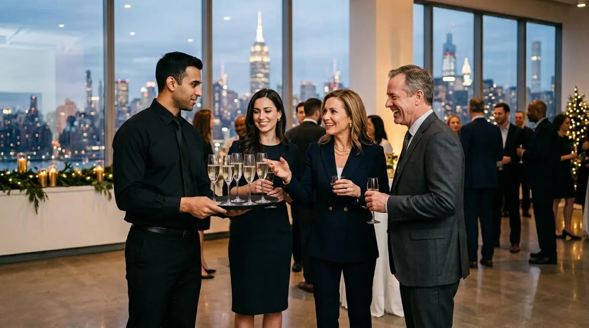 Server in black offering champagne to guests at a year-end corporate reception overlooking the Manhattan skyline