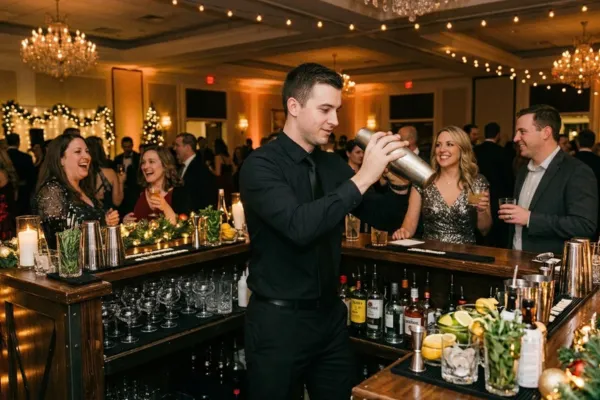 Bartender in black shaking a cocktail at a holiday party bar as smiling guests gather in a ballroom with chandeliers and holiday trees