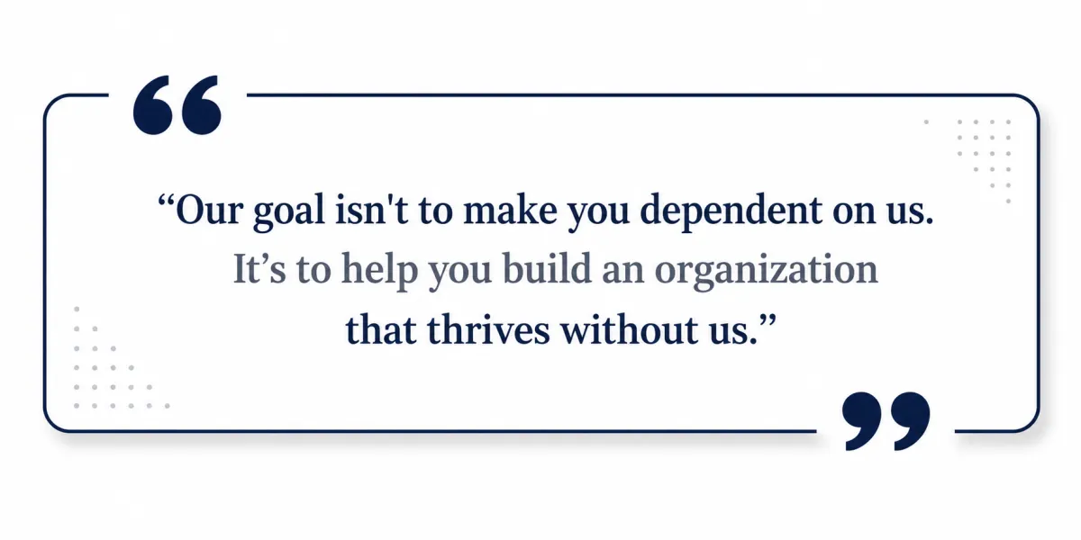 “Our goal isn’t to make you dependent on us. It’s to help you build an organization that thrives without us.” Velu’s approach to nonprofit financial self-sufficiency.