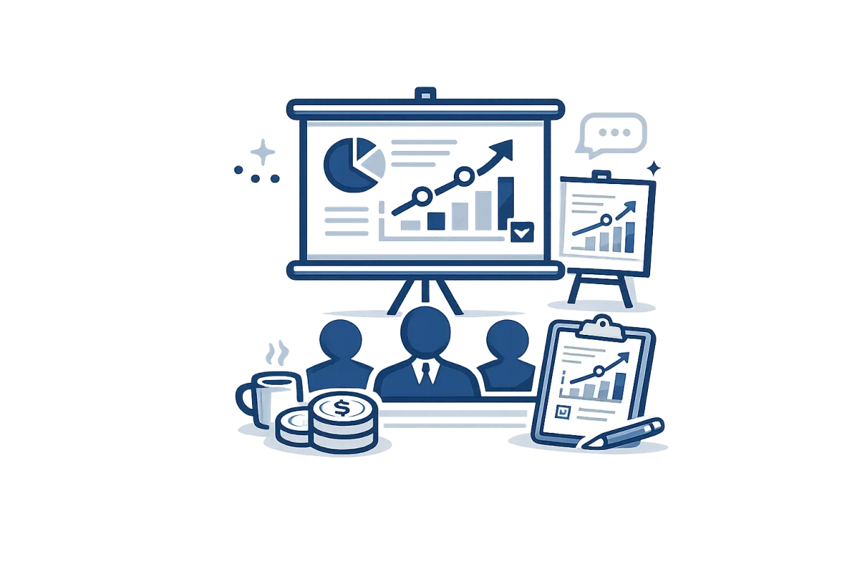 Nonprofit board and leadership reporting illustration showing financial dashboards, board-ready reports, KPIs, and executive insights.