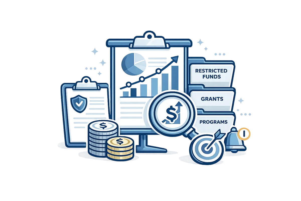Financial visibility dashboard showing key metrics, trends, risks, and growth opportunities to help nonprofit leaders make proactive financial decisions.