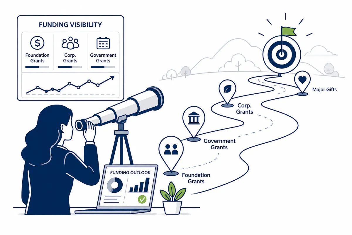 Nonprofit funding strategy illustration showing grant visibility, funding opportunities, sustainability planning, and long-term funding decision-making.