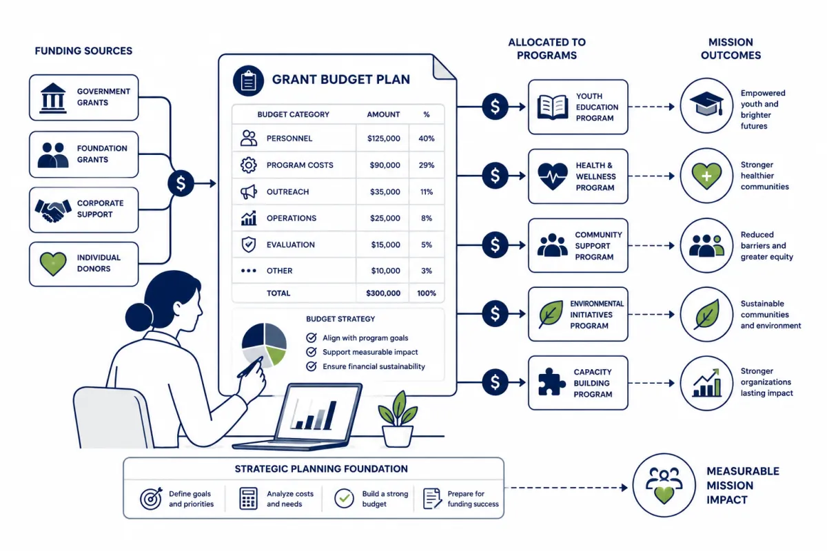 Nonprofit grant budgeting and planning illustration showing funding allocation, program budgeting, resource planning, and mission-focused financial strategy.