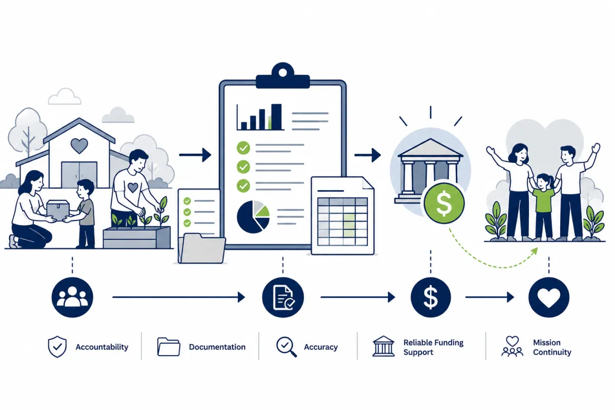 Nonprofit grant administration illustration showing grant reporting, reimbursement support, restricted funding management, compliance requirements, and responsible stewardship of awarded funding.