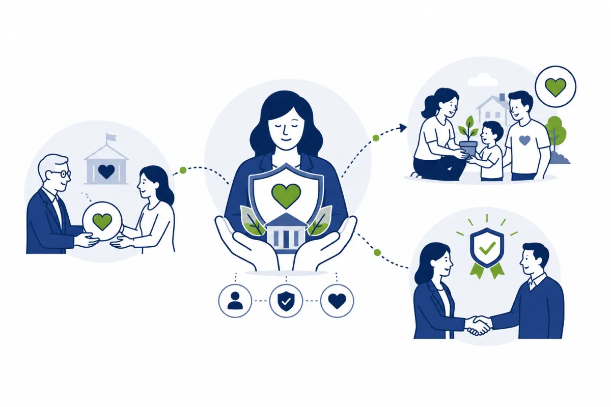 Nonprofit stewardship illustration showing responsible grant funding, mission impact, funder confidence, long-term funding relationships, and sustainable growth.