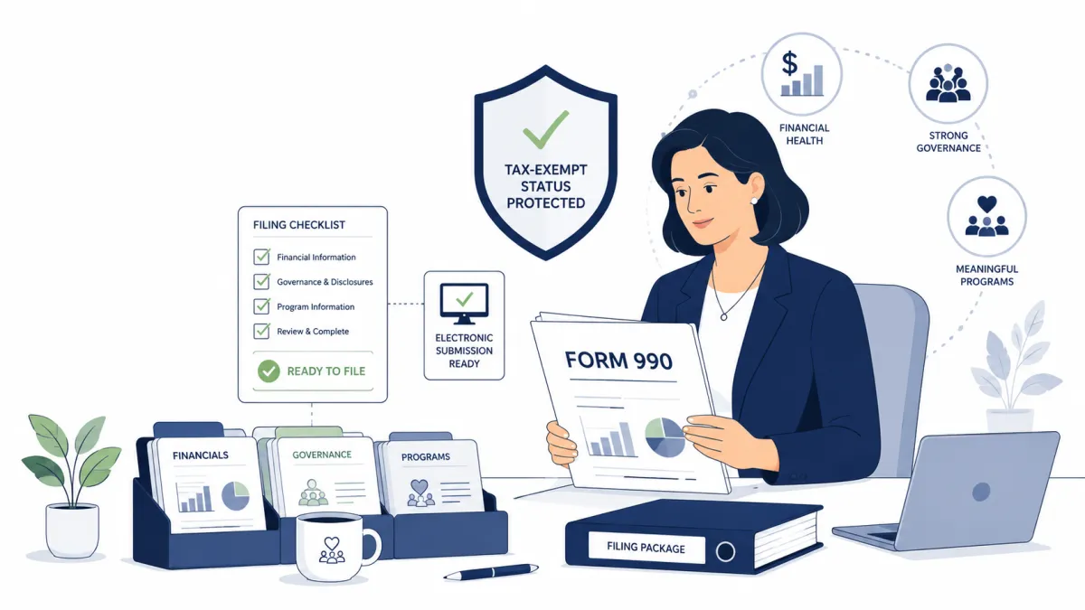 Nonprofit leader reviewing an organized Form 990 filing with compliance checks and tax-exempt status protection.