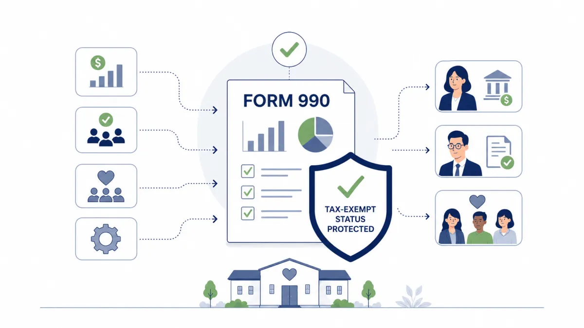 Form 990 filing bringing together nonprofit financial, governance, program, and organizational information to protect tax-exempt status.