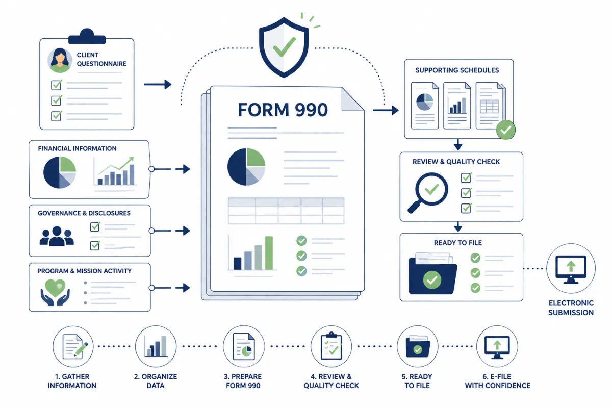 Organized nonprofit Form 990 preparation process showing client information, supporting schedules, review, and electronic filing.