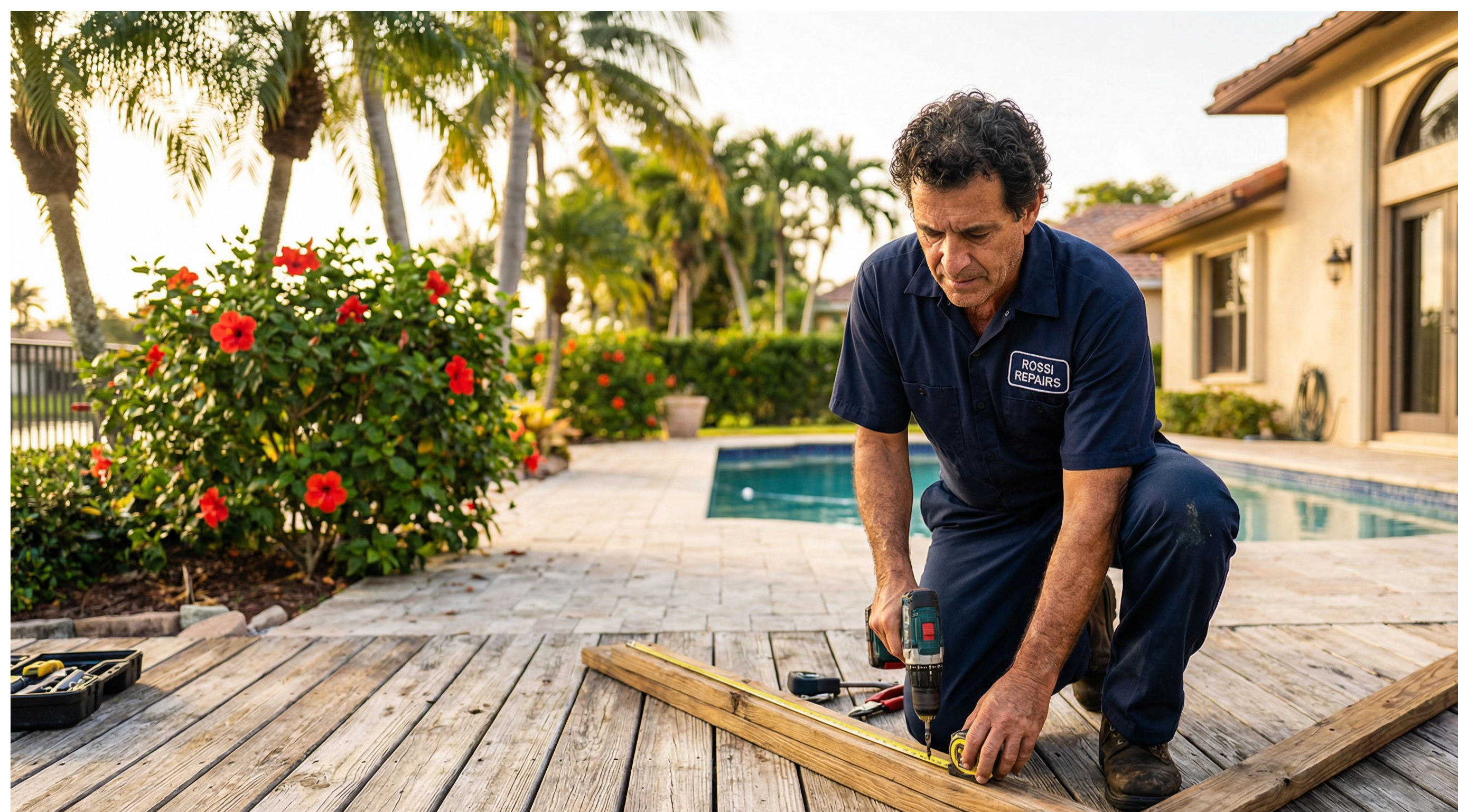 Maintenance technician repairing residential pool deck in South Florida.
