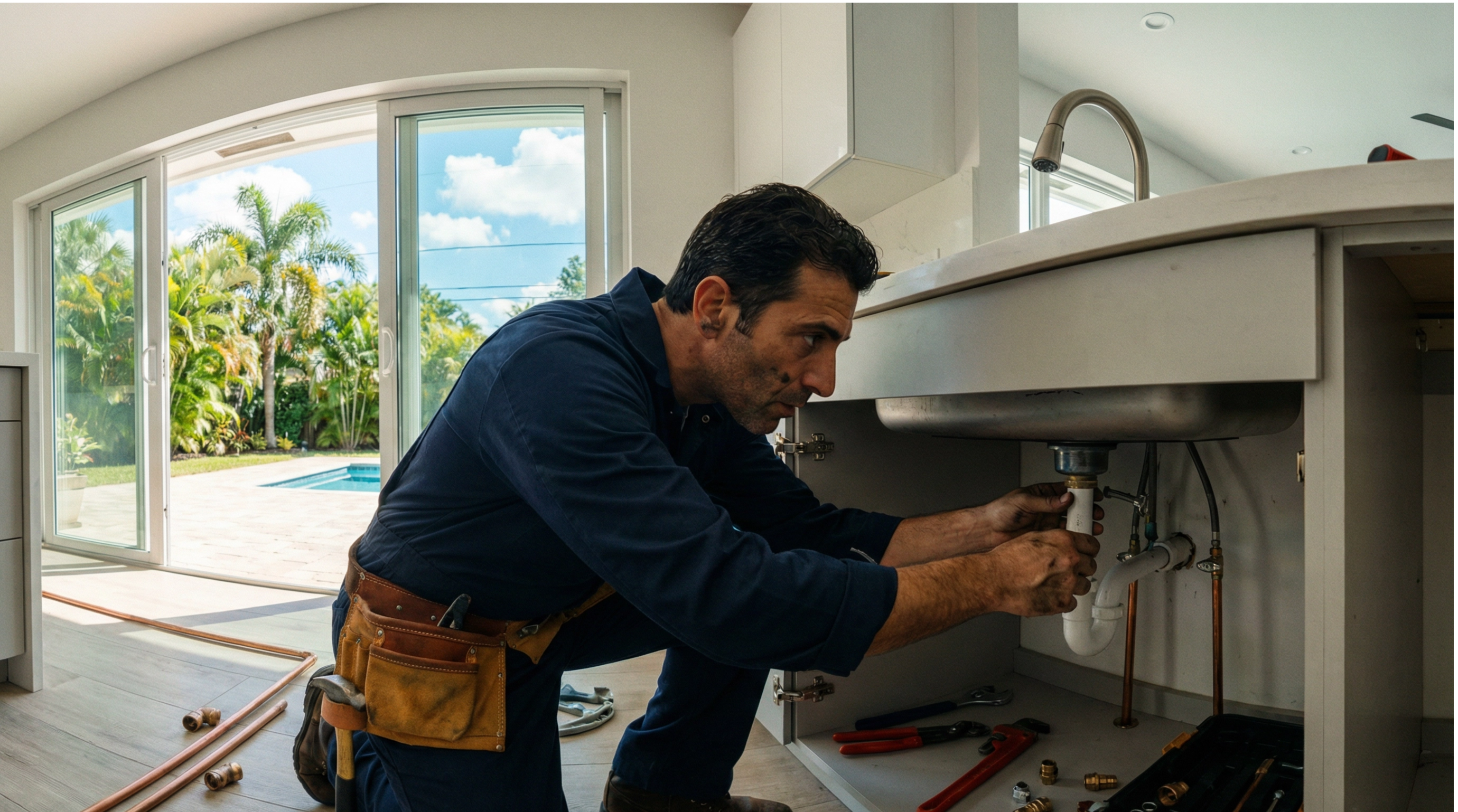 Plumbing technician servicing residential kitchen sink system in South Florida.