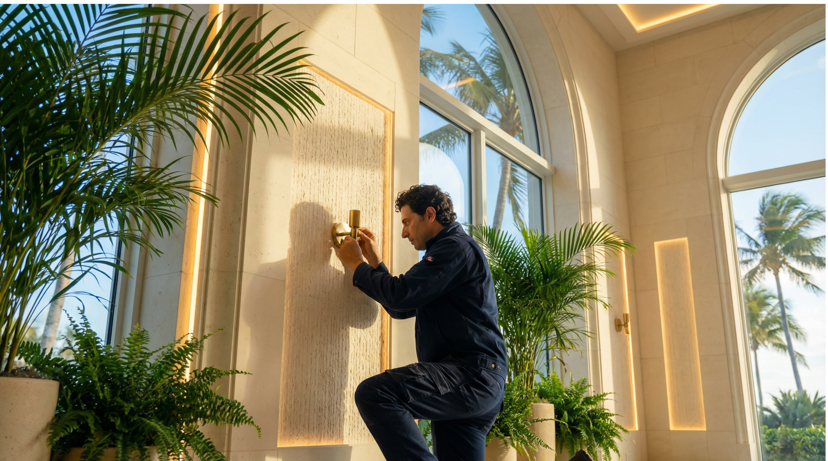 Maintenance technician servicing a light fixture in South Florida.