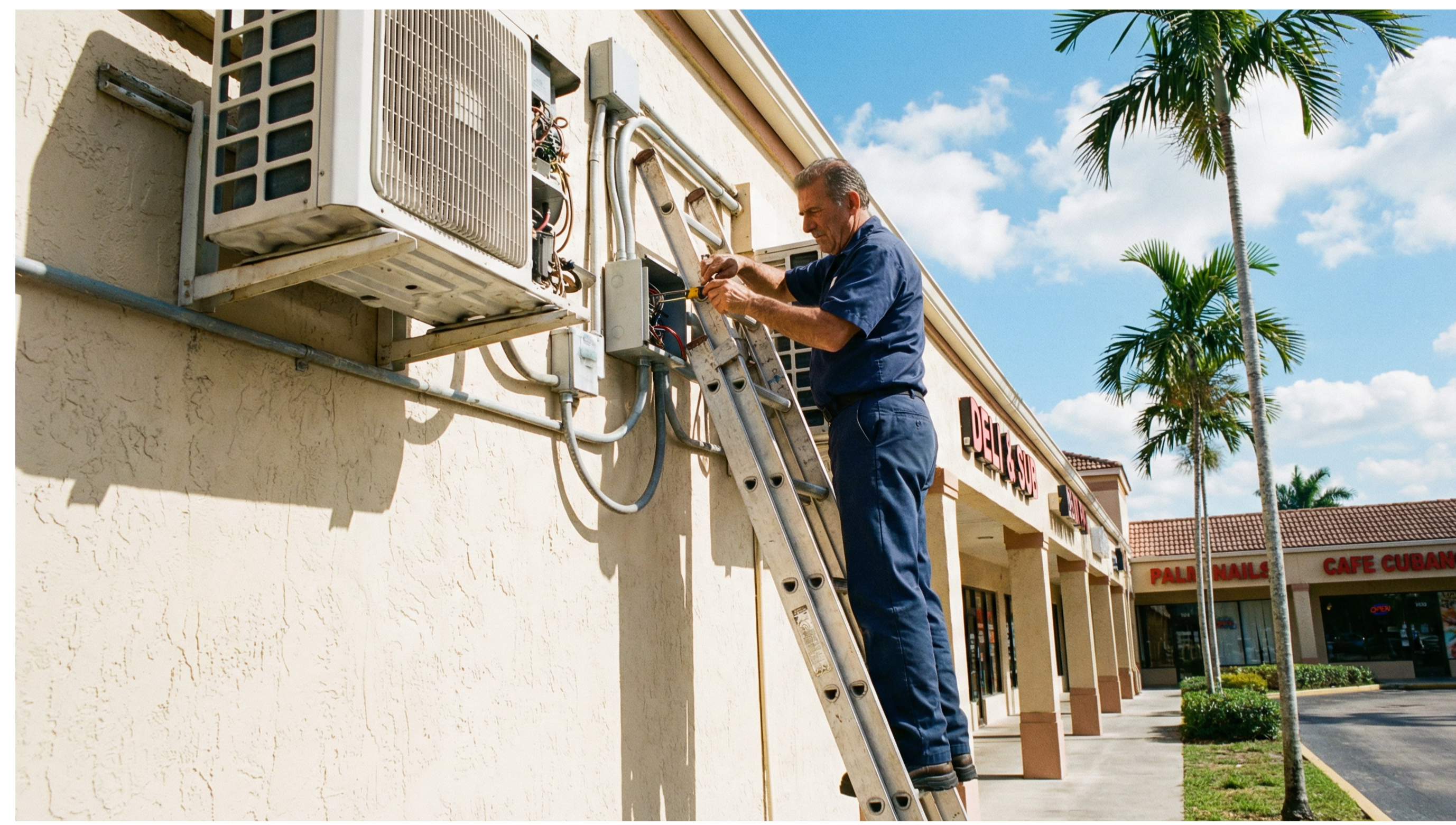 HVAC technician on a ladder servicing commercial air conditioning system in South Florida.