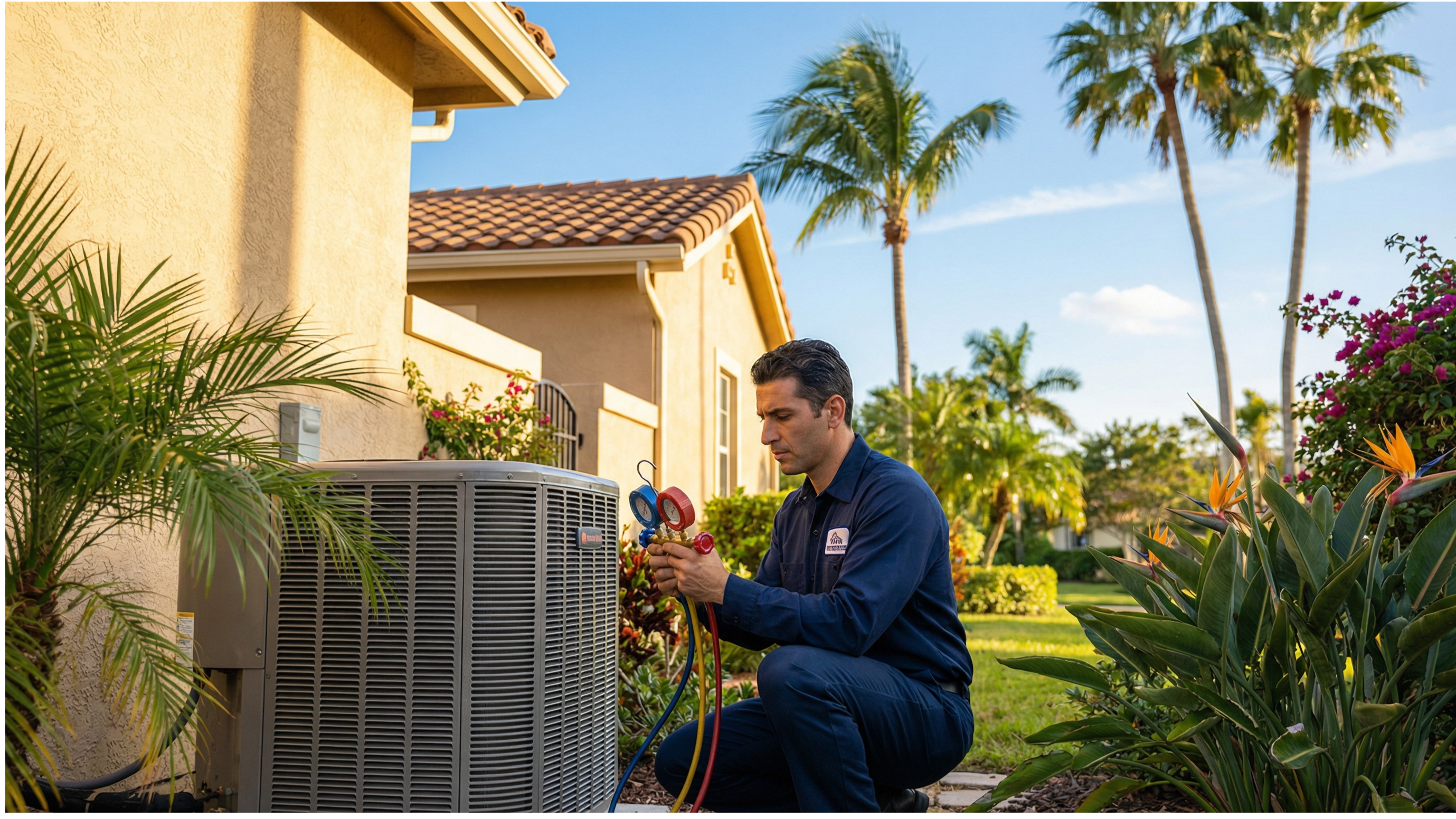 HVAC technician servicing residential air conditioning system in South Florida.