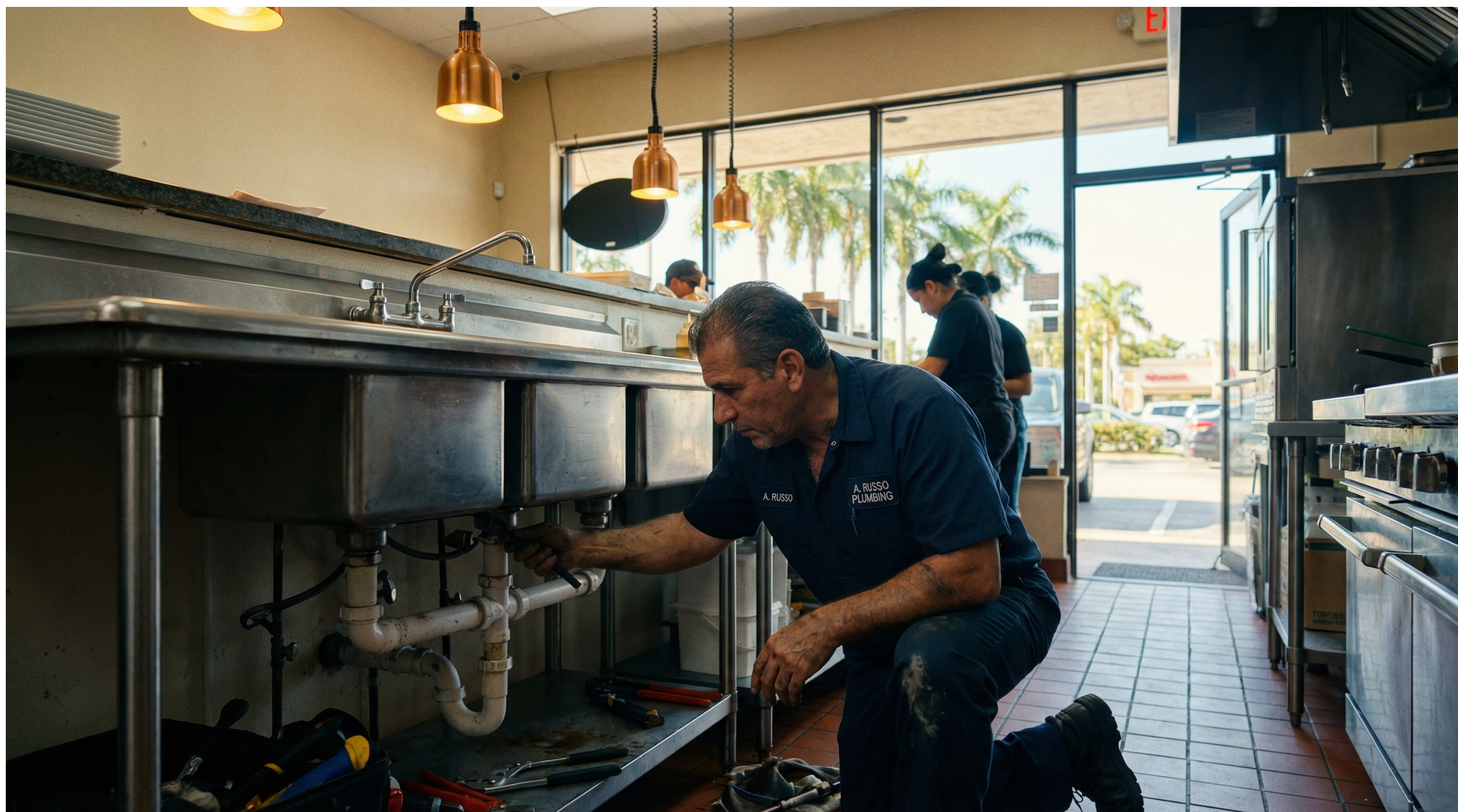 Plumbing technician servicing commercial kitchen sink system in South Florida.