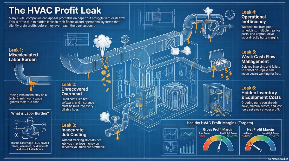 HVAC profit leak blueprint illustrating common financial drains like unapplied labor, material markup errors, and sync drift for scaling fleets.