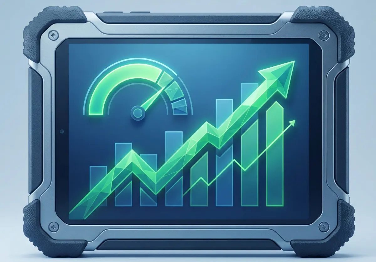 Professional 3D data dashboard showing a rising green line chart for trade-specific business intelligence and KPI tracking.