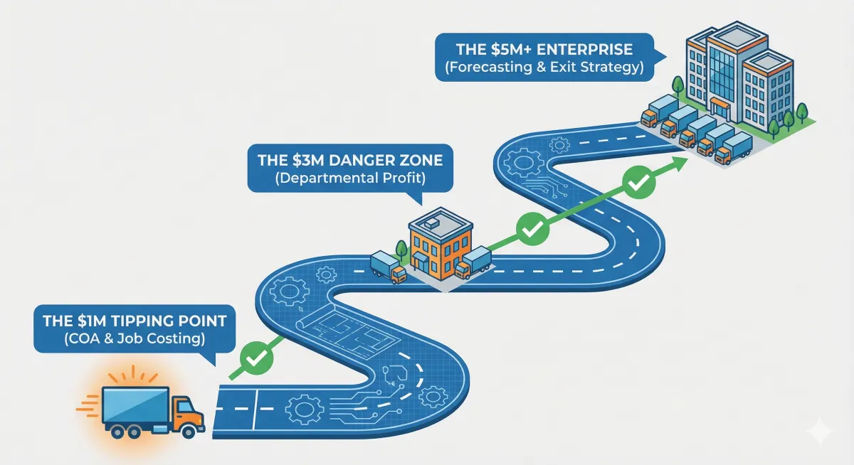 Scaling roadmap for trade companies illustrating the financial milestones from solo operator to $5M+ enterprise.