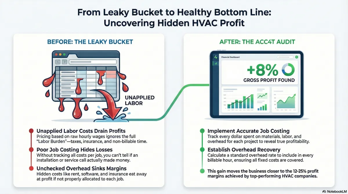 Diagnostic infographic illustrating the Profit Leak Audit used to identify unapplied labor and revenue loss in trade businesses.