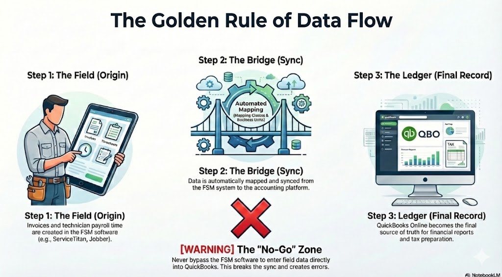 The Golden Rule of Data Flow infographic for trade businesses showing three steps: Step 1 - The Field (Origin) where technicians create invoices and log time in FSM software like ServiceTitan or Jobber, Step 2 - The Bridge (Sync) showing automated mapping between FSM and accounting systems with cloud integration, and Step 3 - The Ledger (Final Record) where QuickBooks Online becomes the source of truth for financial reports and tax preparation. Includes warning about the "No-Go Zone" - never bypass FSM to enter field data directly into QuickBooks as this breaks sync and creates errors.